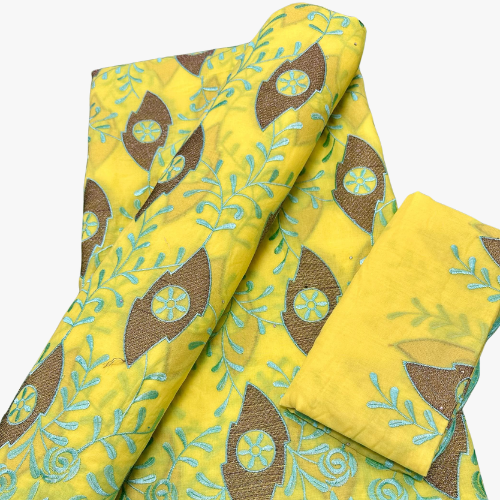 Tissu Brodé avec Foulard Couleur Jaune 5 yards