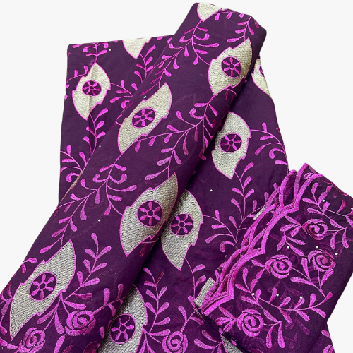 Tissu Brodé avec Foulard Couleur Violet 5 yards